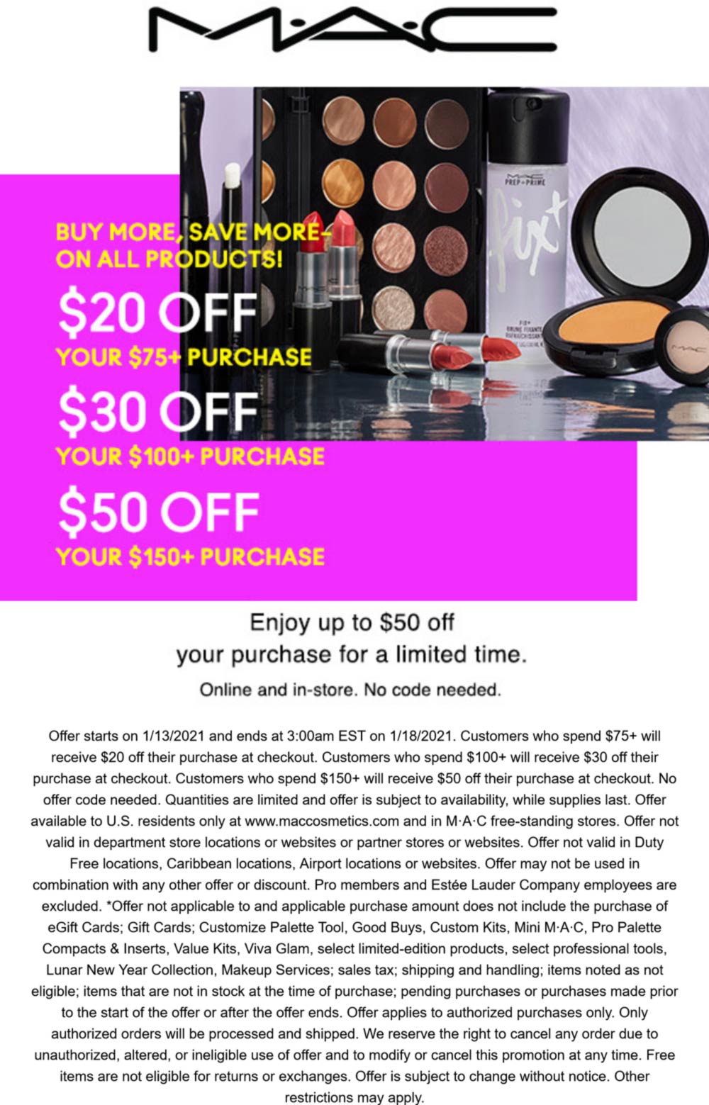 MAC stores Coupon  $20 off $75 & more at MAC cosmetics, ditto online #mac 