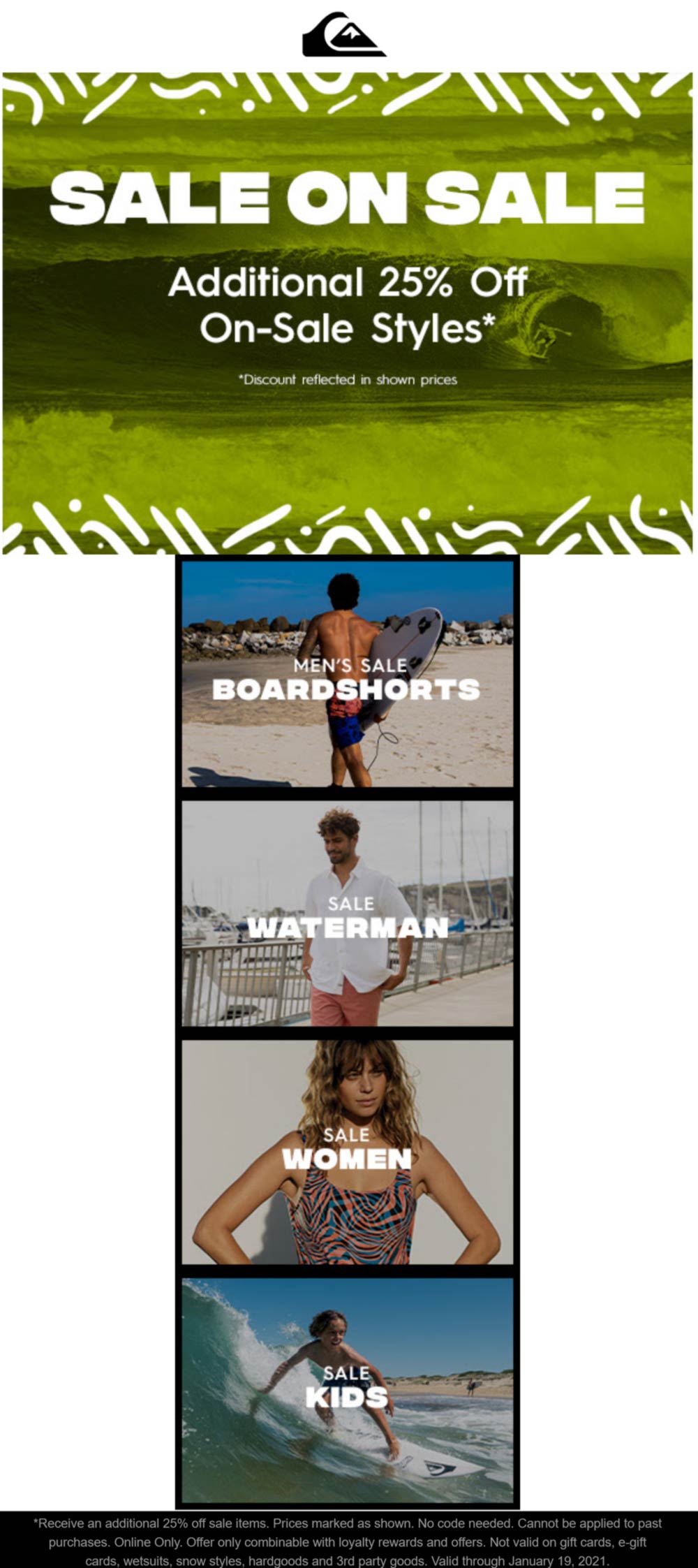 Quiksilver stores Coupon  Extra 25% off sale styles online at Quiksilver #quiksilver 