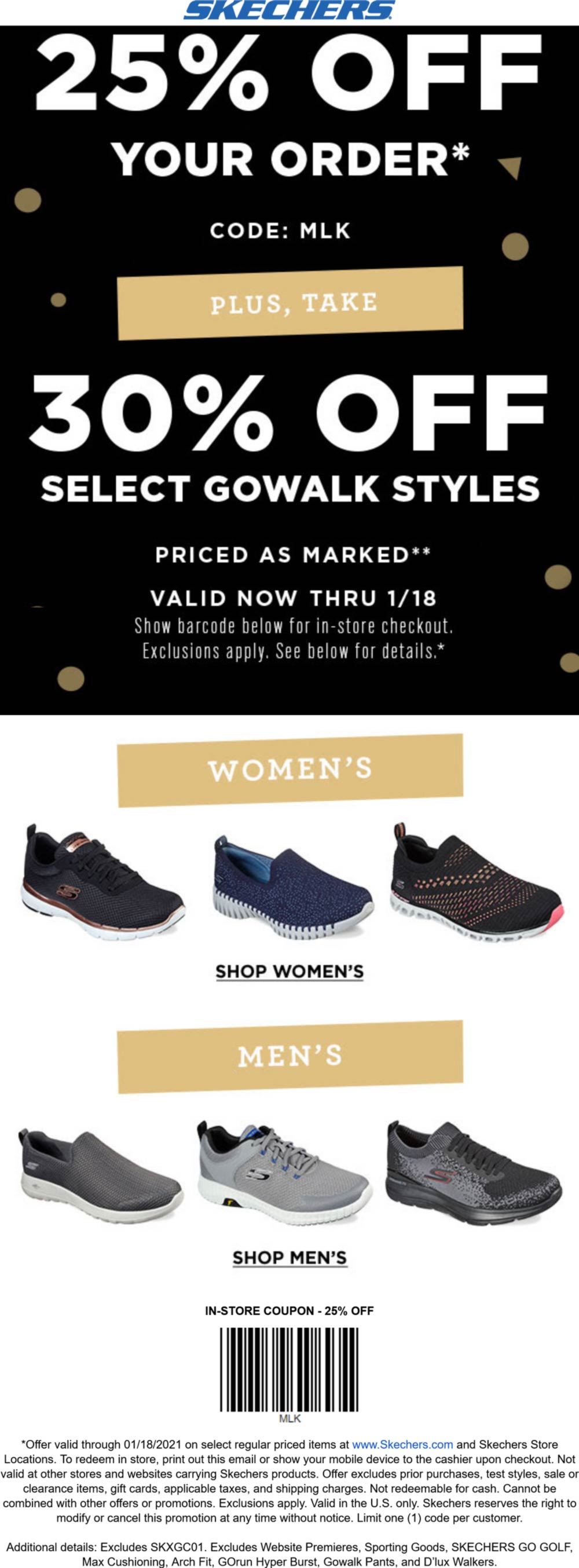 Skechers stores Coupon  25% off shoes at Skechers, or online via promo code MLK #skechers 