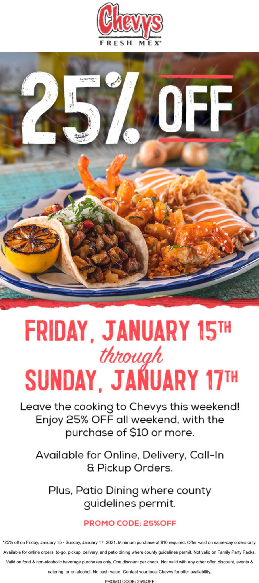 Chevys restaurants Coupon  25% off at Chevys Fresh Mex restaurants via promo code 25%OFF #chevys 