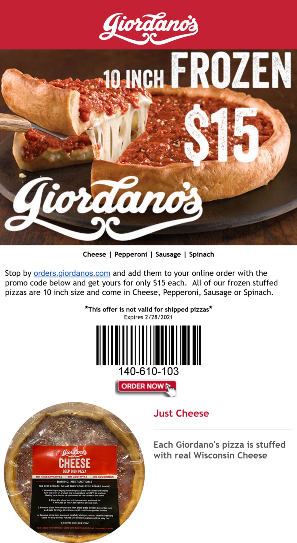 Giordanos restaurants Coupon  10 in frozen spinach, sausage, pepperoni or cheese stuffed pizza for $15 at Giordanos #giordanos 