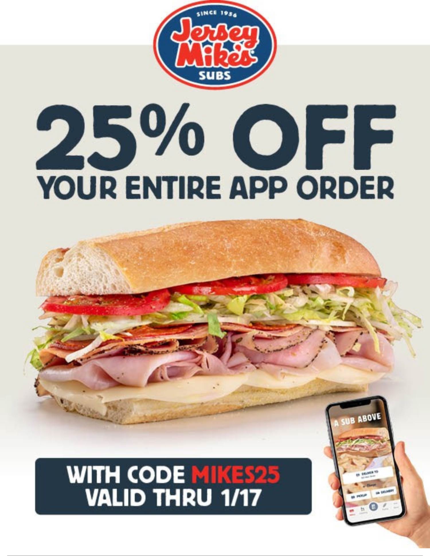 Jersey Mikes restaurants Coupon  25% off online at Jersey Mikes sub sandwich restaurants via promo code MIKES25 #jerseymikes 