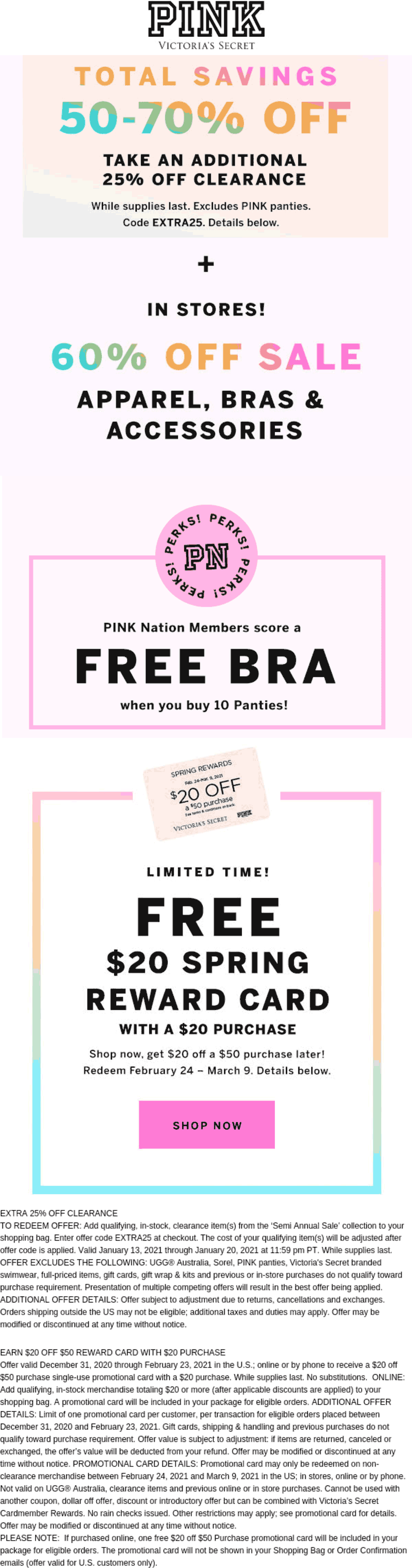 PINK stores Coupon  Extra 25% off clearance at Victorias Secret PINK via promo code EXTRA25 #pink 