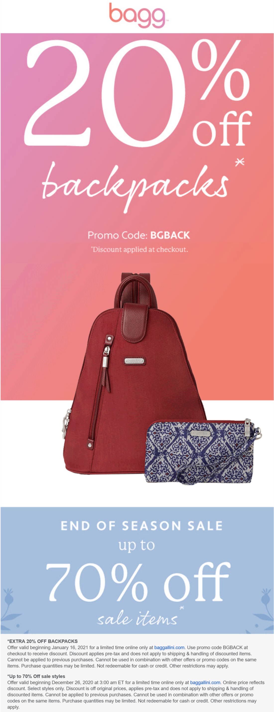 baggallini stores Coupon  Extra 20% off backpacks today at baggallini via promo code BGBACK #baggallini 