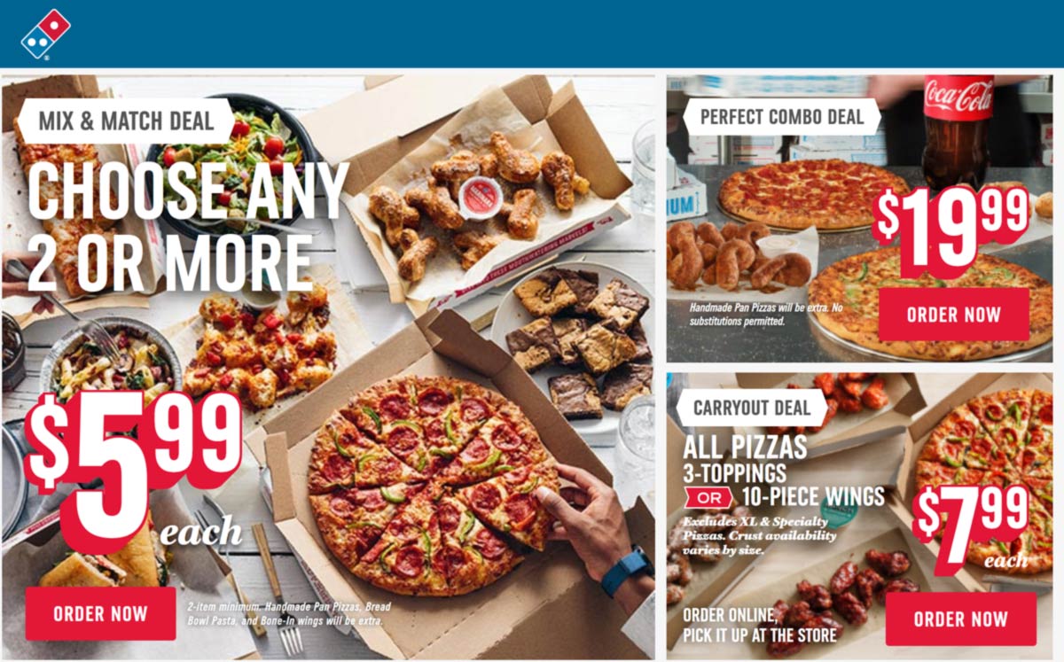 Dominos restaurants Coupon  Large 3-topping pizzas or 10pc chicken wings carryout = $8 at Dominos #dominos 
