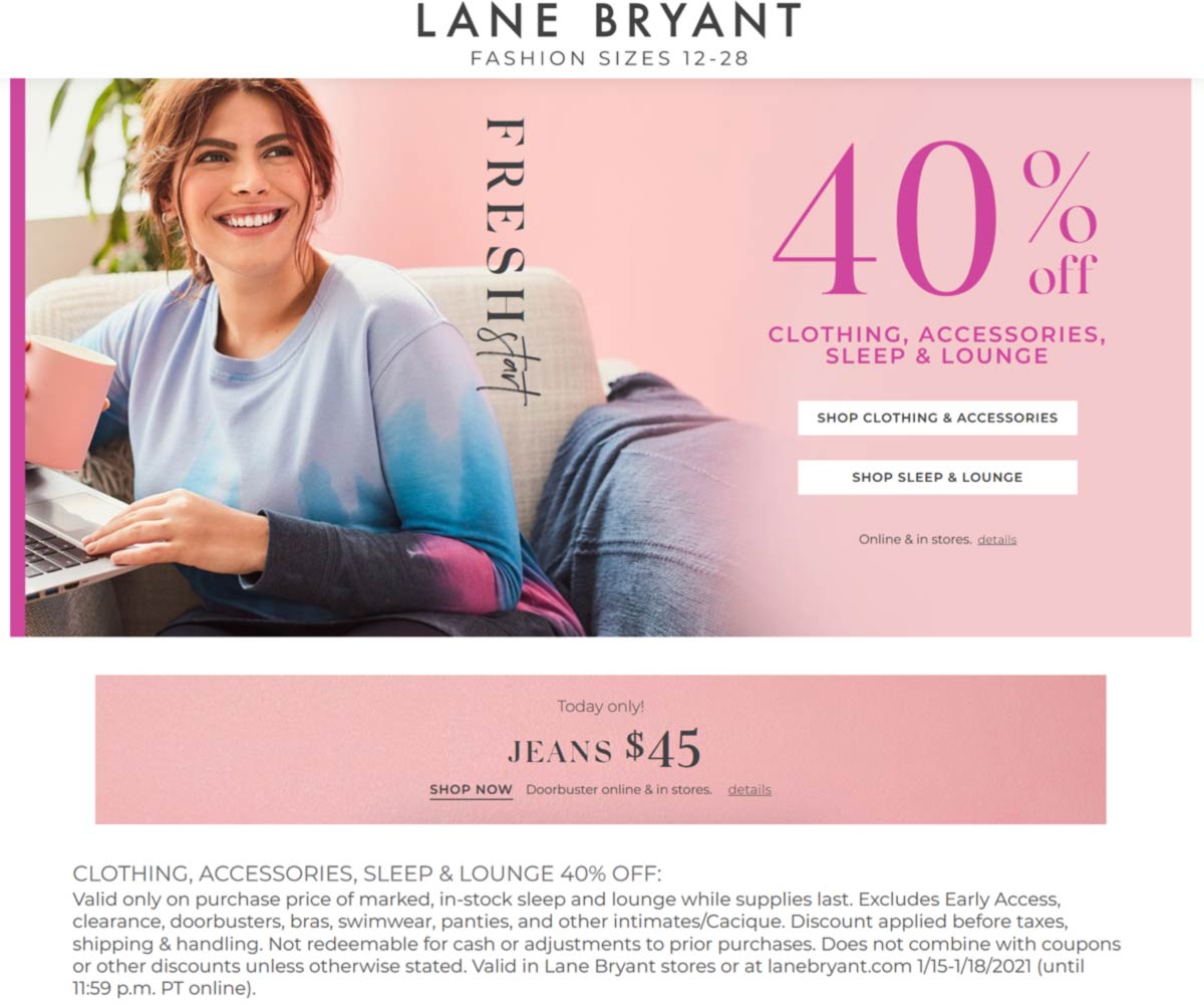 Lane Bryant stores Coupon  40% off clothing, accessories, sleep & lounge at Lane Bryant, ditto online #lanebryant 