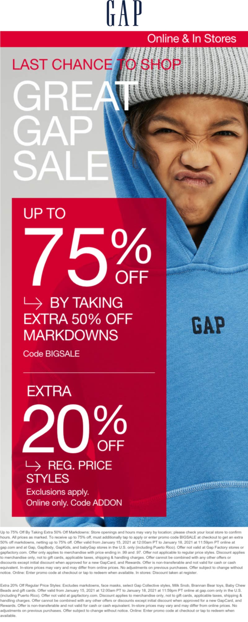 Gap stores Coupon  Extra 50% off sale items & more at Gap via promo codes BIGSALE and ADDON #gap 