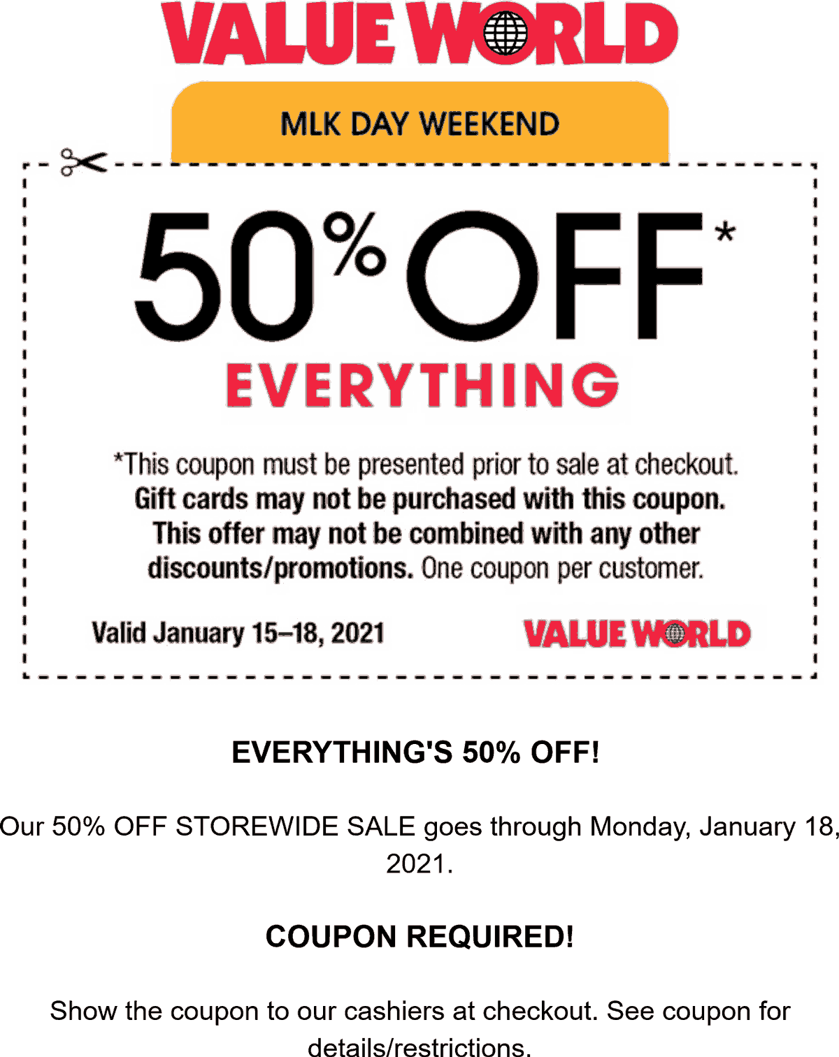 50 off everything at Value World valueworld The Coupons App 174 