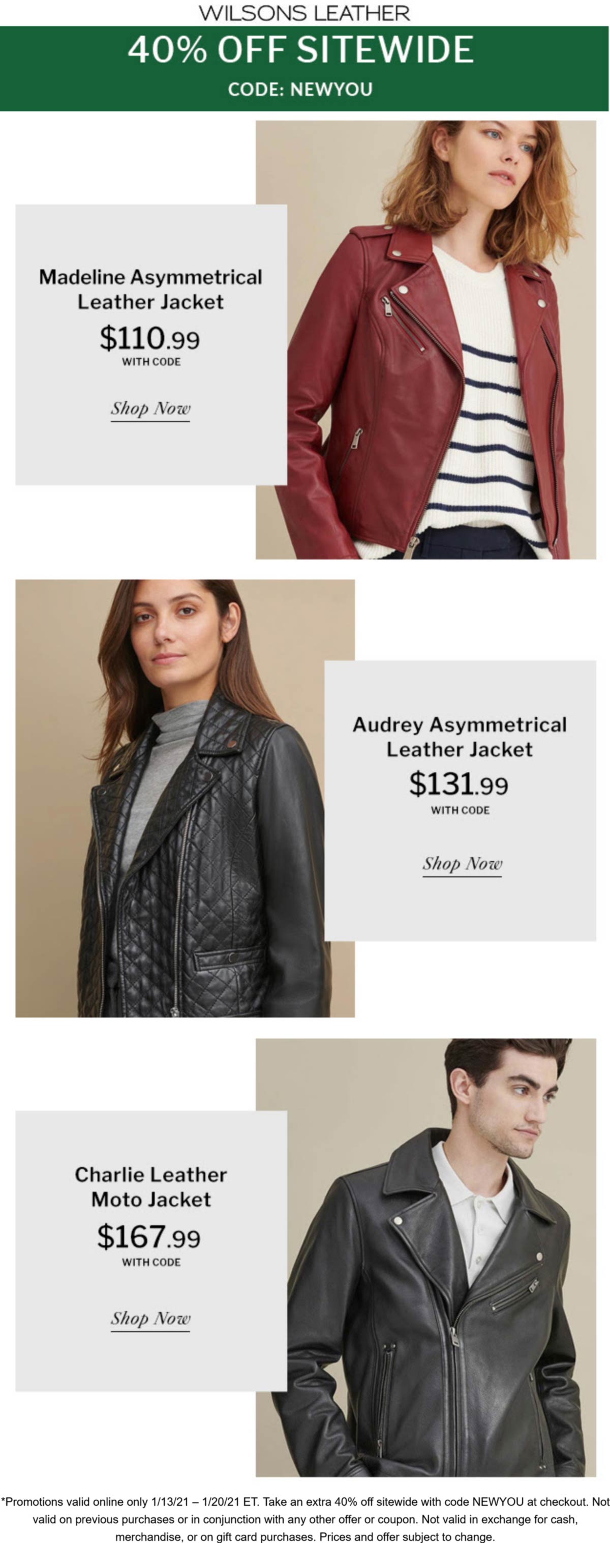 40 off everything online at Wilsons Leather via promo code NEWYOU 