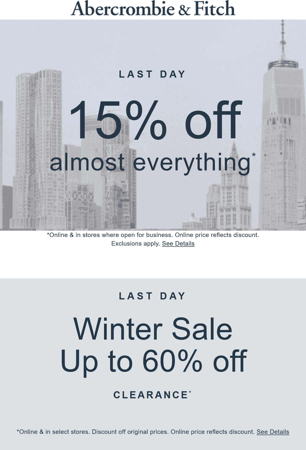 Abercrombie & Fitch stores Coupon  15% off today at Abercrombie & Fitch, ditto online #abercrombiefitch 