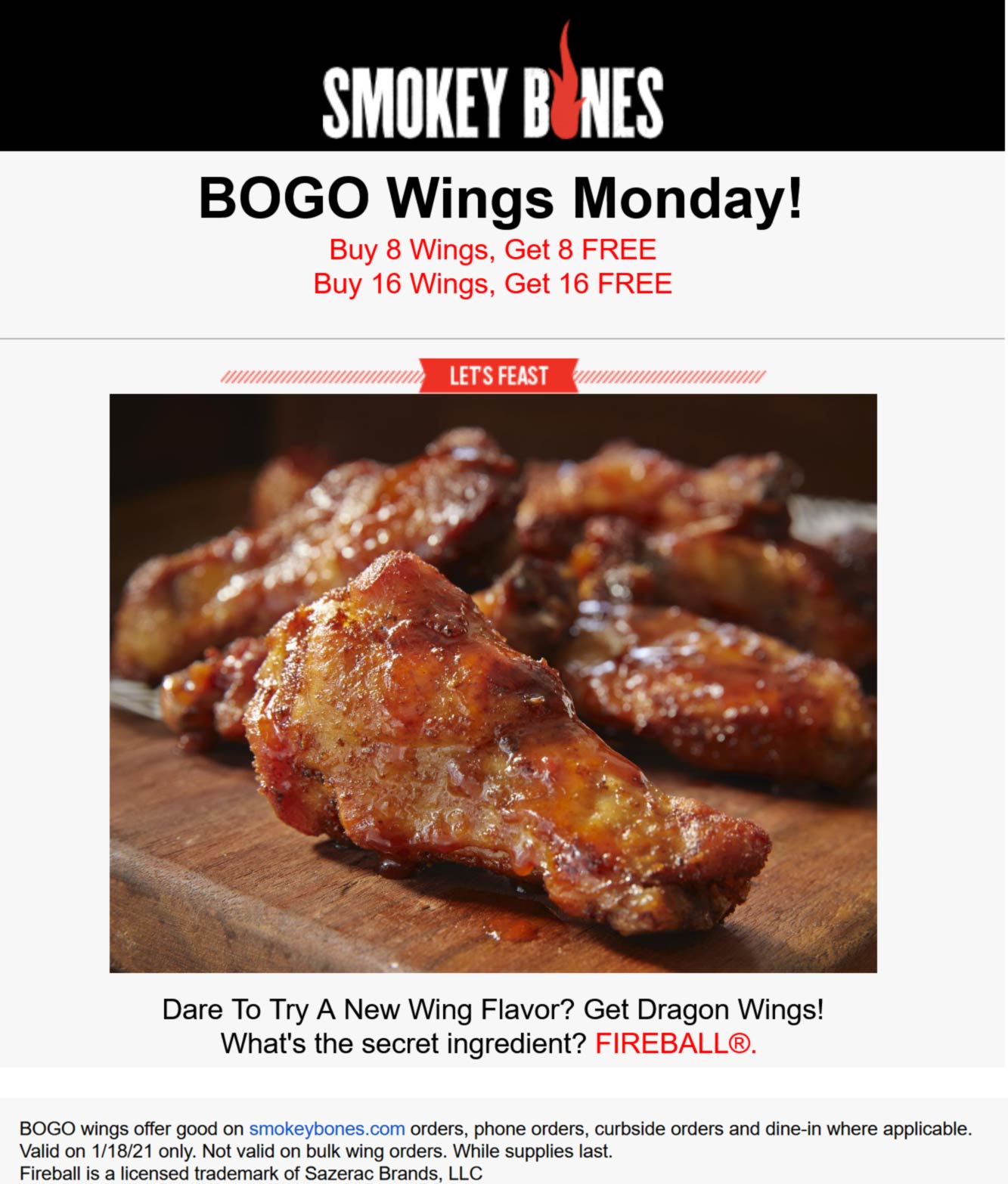 Smokey Bones restaurants Coupon  Second 8pc or 16pc chicken wings free today at Smokey Bones #smokeybones 