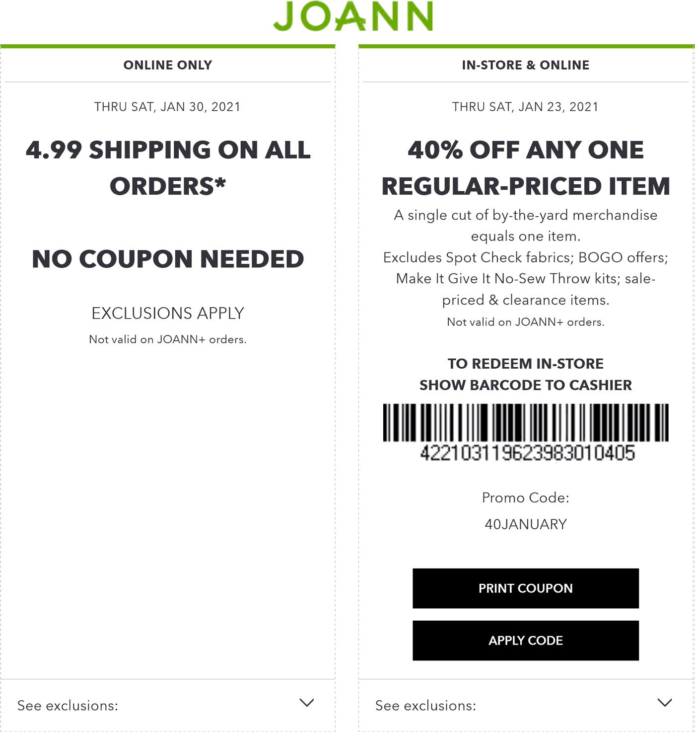 Joann stores Coupon  40% off a single item at Joann, or 50% fabric online via promo code 50FABRICHP & 40% everything via EVERYTHINGHP #joann 