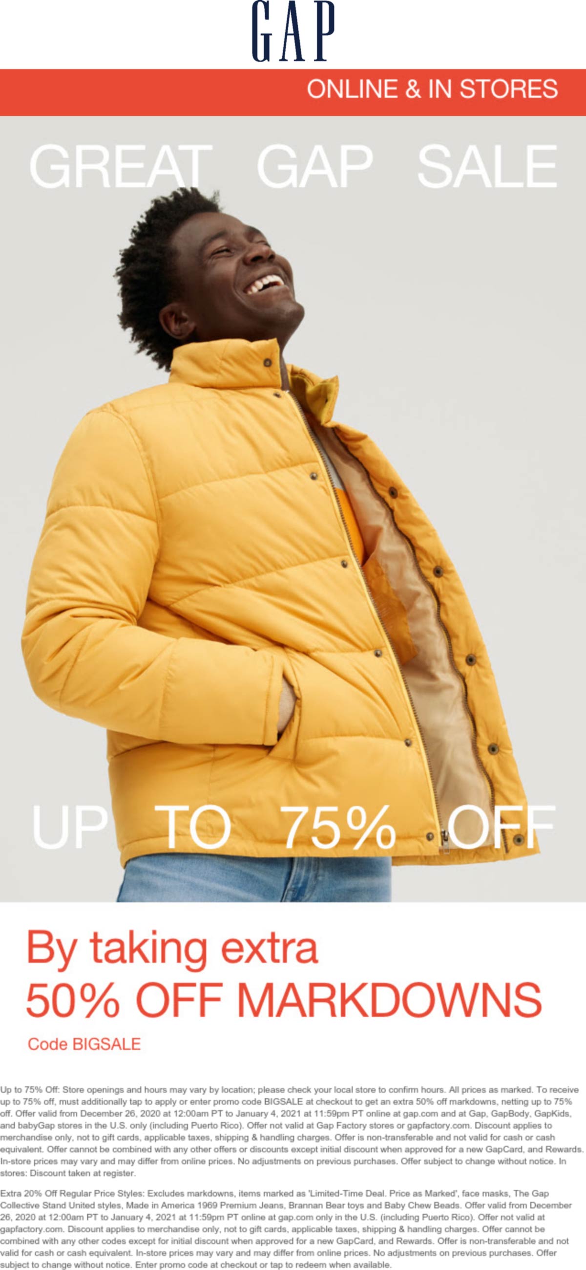 Gap stores Coupon  Extra 50% off sale items & more at Gap, or online via promo code BIGSALE #gap 