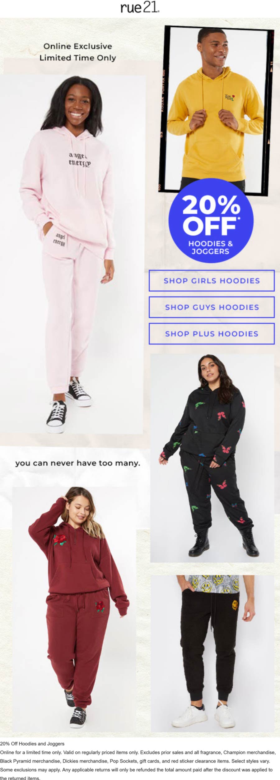 rue21 stores Coupon  20% off hoodies & joggers online at rue21 #rue21 