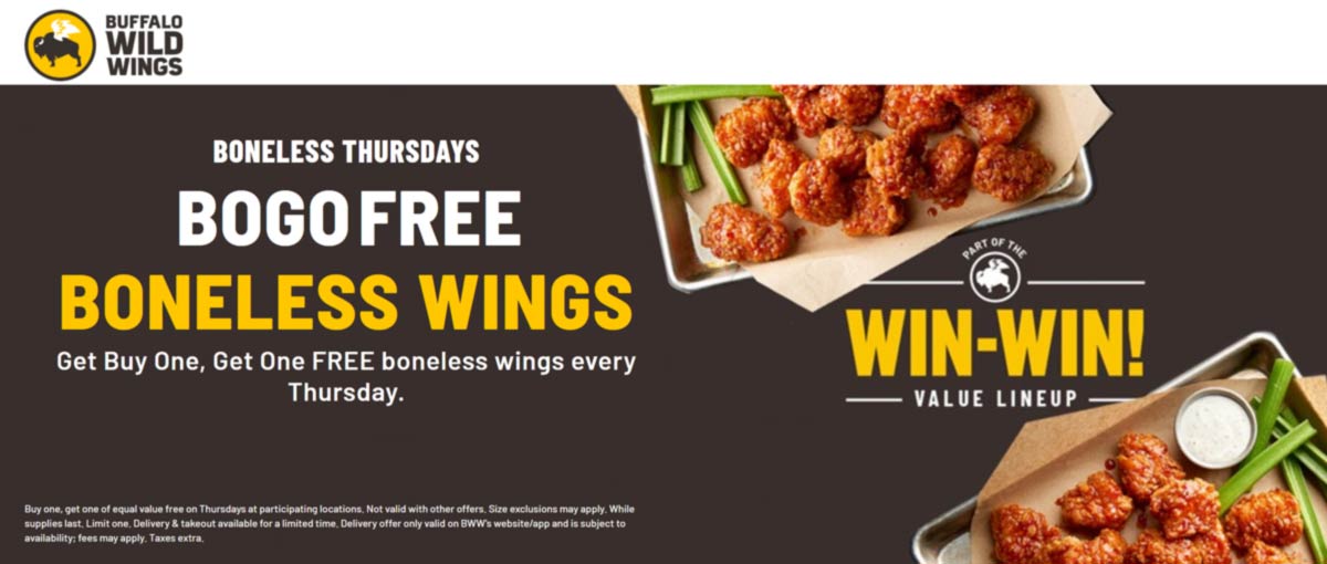 [August, 2021] Second boneless wings free today at Buffalo Wild Wings