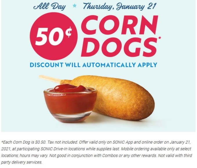 Sonic Drive-In restaurants Coupon  .50 cent corn dogs today at Sonic Drive-In restaurants #sonicdrivein 