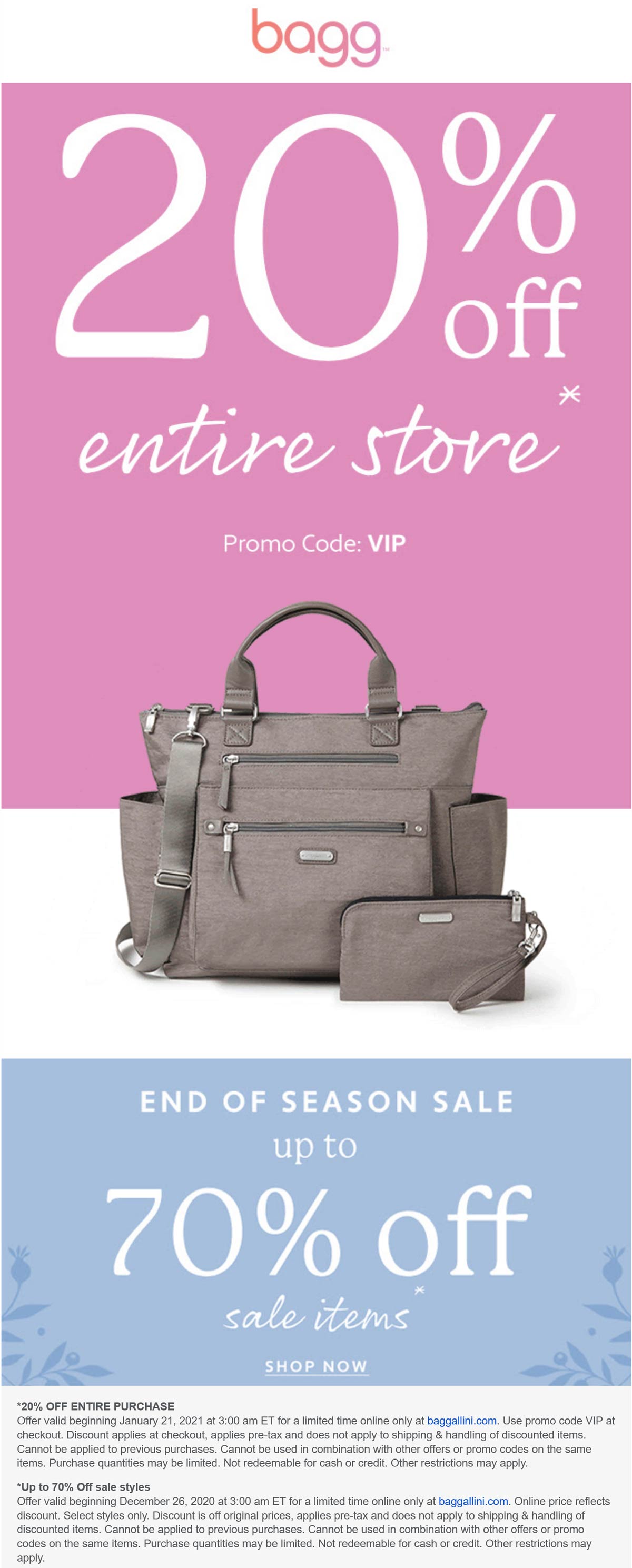 Baggallini stores Coupon  20% off everything at Baggallini via promo code VIP #baggallini 
