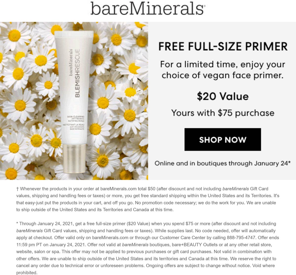 bareMinerals stores Coupon  Free full size primer with $75 spent at bareMinerals, ditto online #bareminerals 