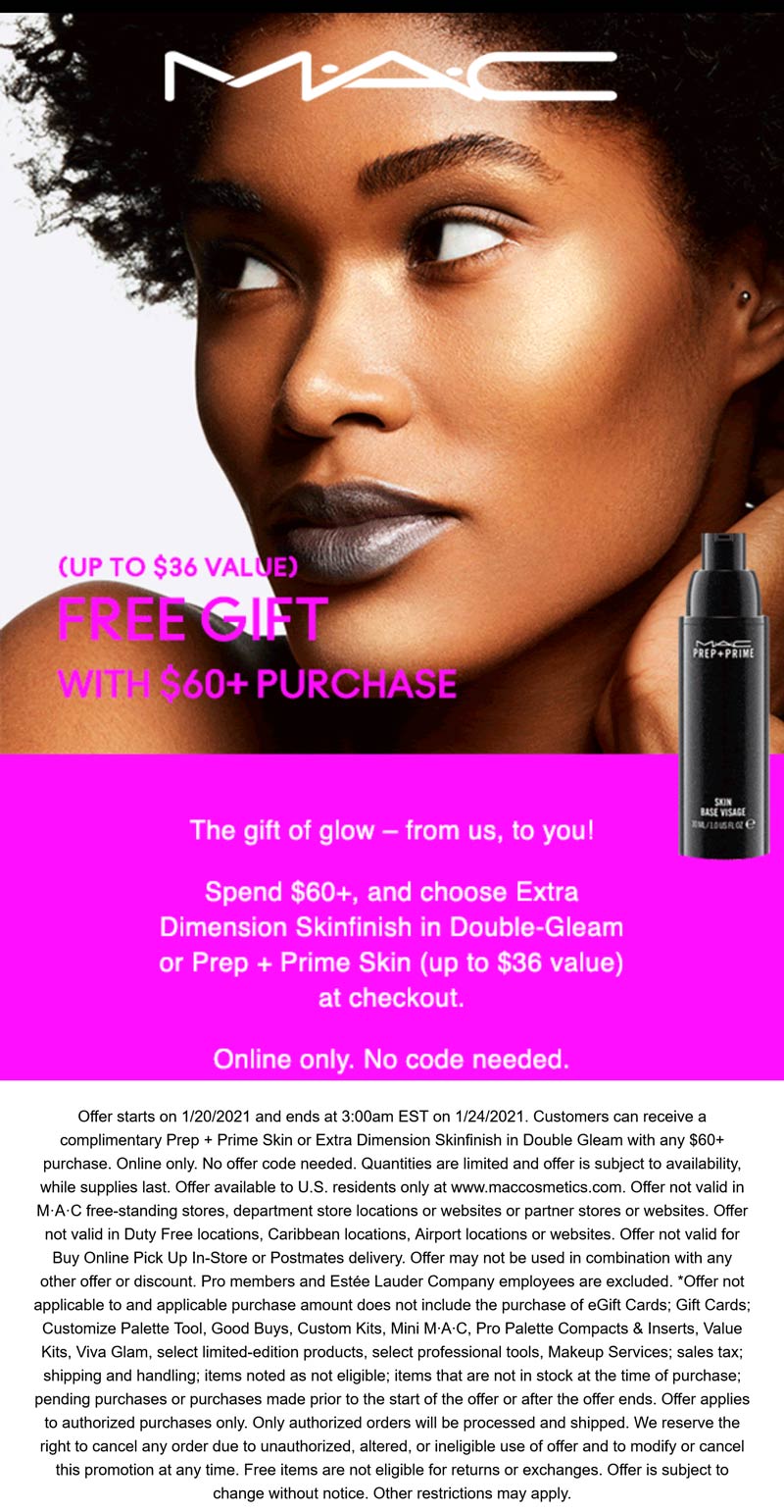 MAC stores Coupon  Free $36 Prep + Prime or Skinfinish with $60 spent online at MAC cosmetics #mac 