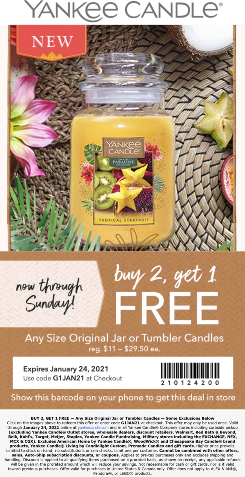 Yankee Candle stores Coupon  3rd candle free at Yankee Candle, or online via promo code G1JAN21 #yankeecandle 