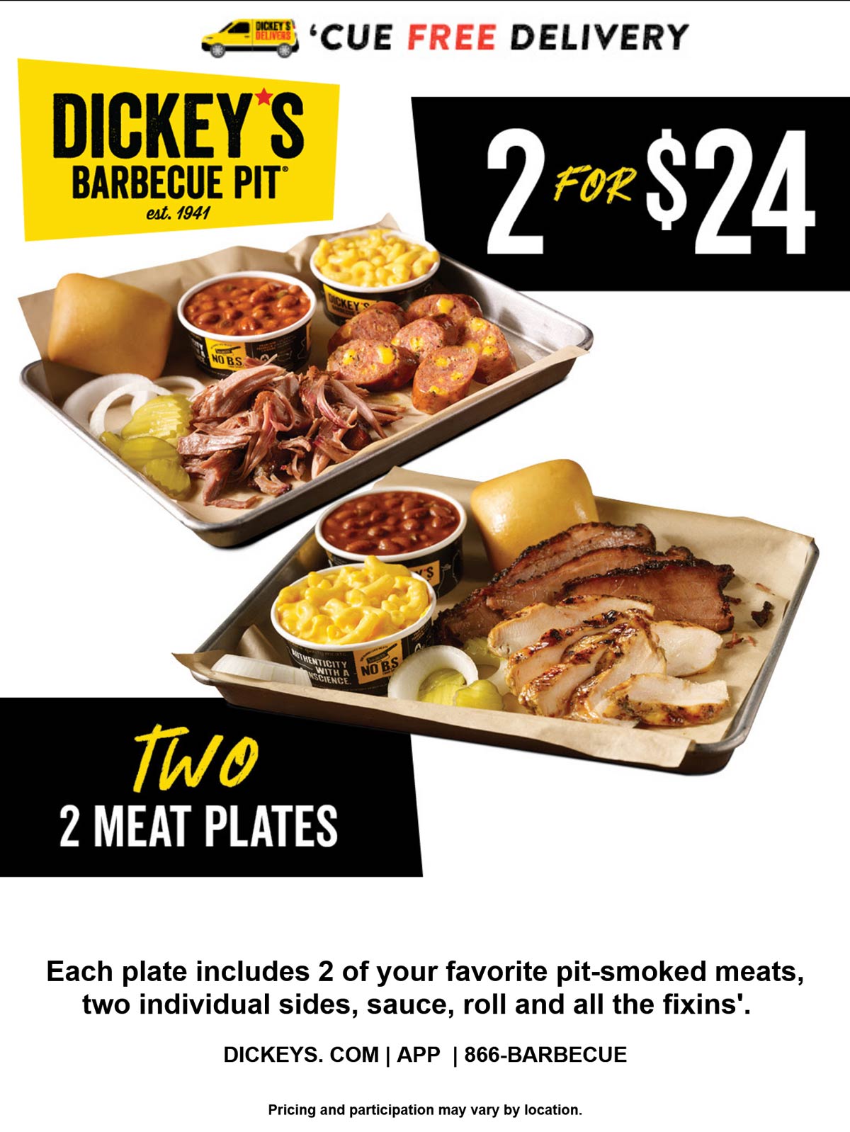 Dickeys Barbecue Pit restaurants Coupon  2 meat plates + 4 sides + rolls sauce & fixins = $24 at Dickeys Barbecue Pit restaurants #dickeysbarbecuepit 