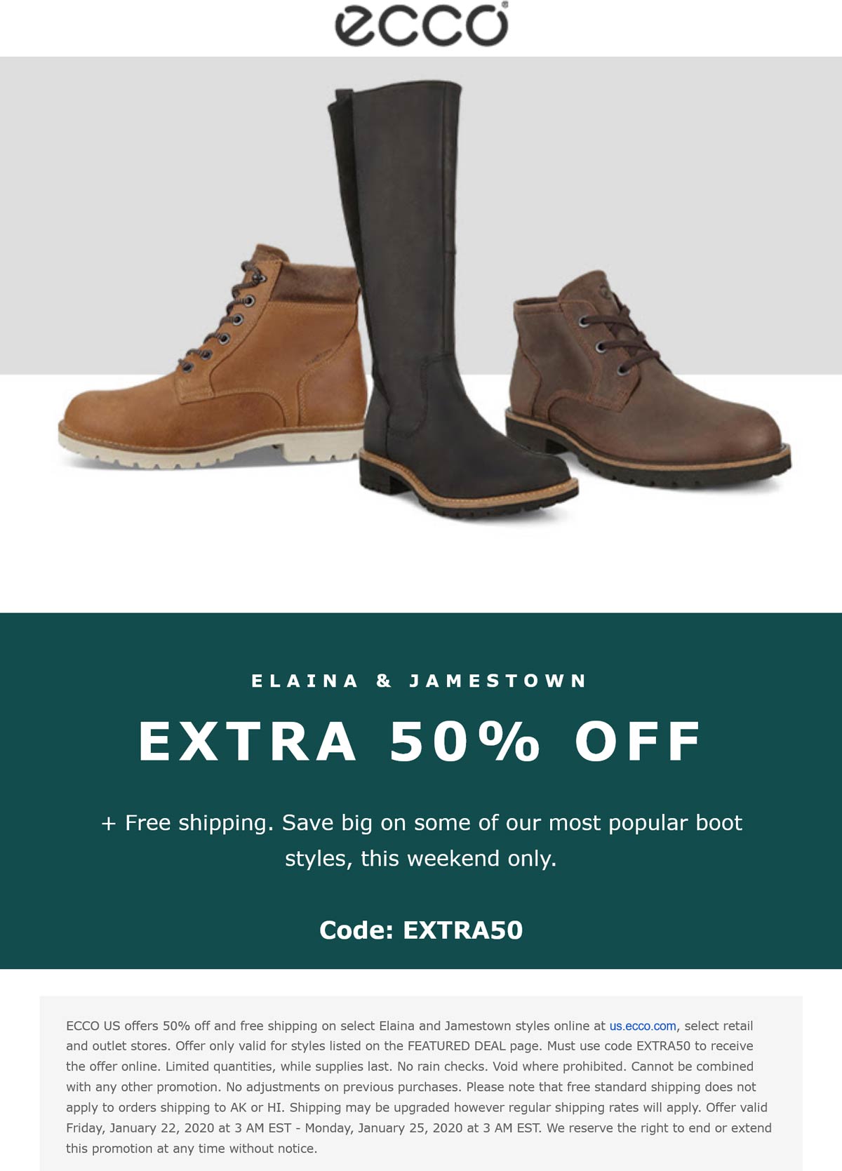 ECCO stores Coupon  Extra 50% off boots today at ECCO via promo code EXTRA50 #ecco 