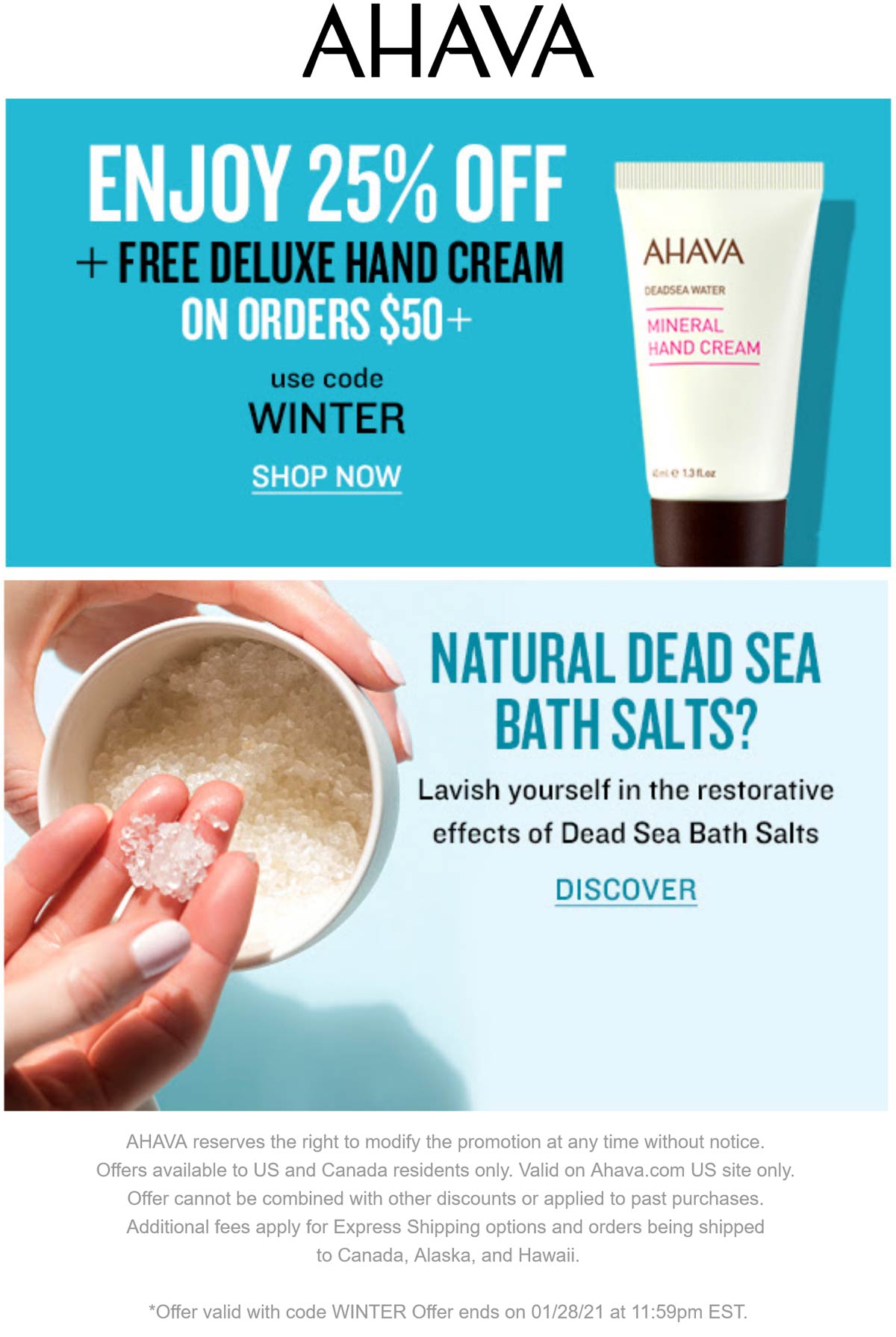 AHAVA restaurants Coupon  25% off & free hand cream over $50 at AHAVA via promo code WINTER #ahava 