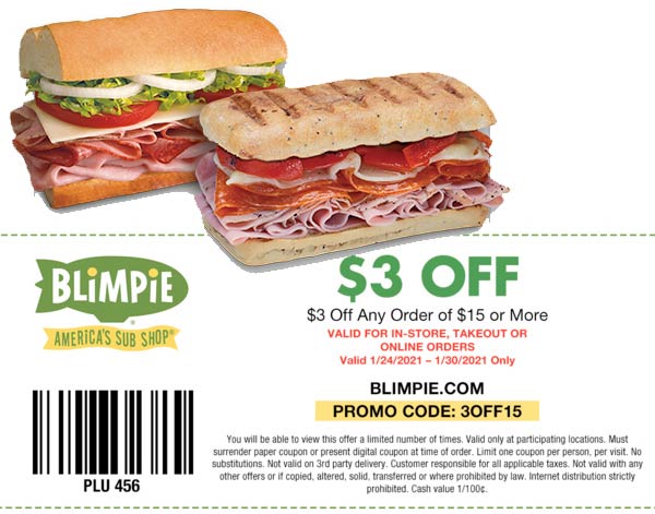 Blimpie restaurants Coupon  $3 off $15 at Blimpie sub shop restaurants via promo code 3OFF15 #blimpie 