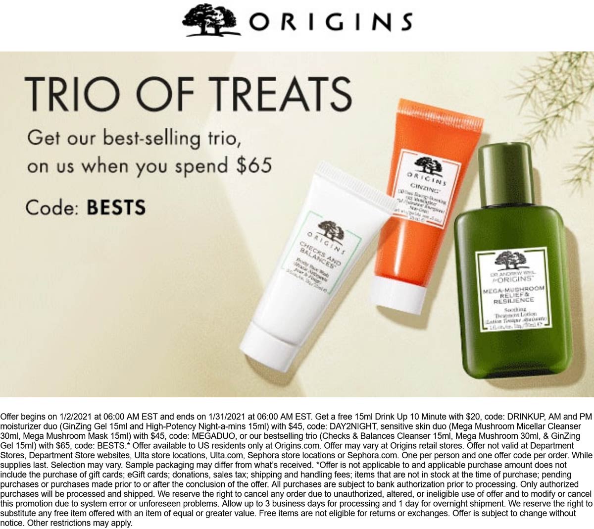 Origins stores Coupon  Free 3pc trio with $65 spent at Origins via promo code BESTS #origins 