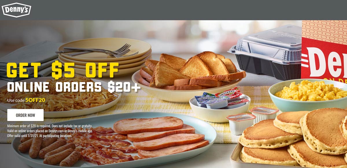 5 off 20 at Dennys via promo code 5OFF20 dennys The Coupons App®
