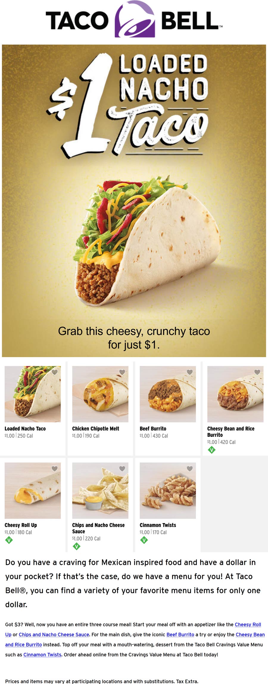 Taco Bell restaurants Coupon  Loaded nacho taco & more on the $1 value menu at Taco Bell #tacobell 