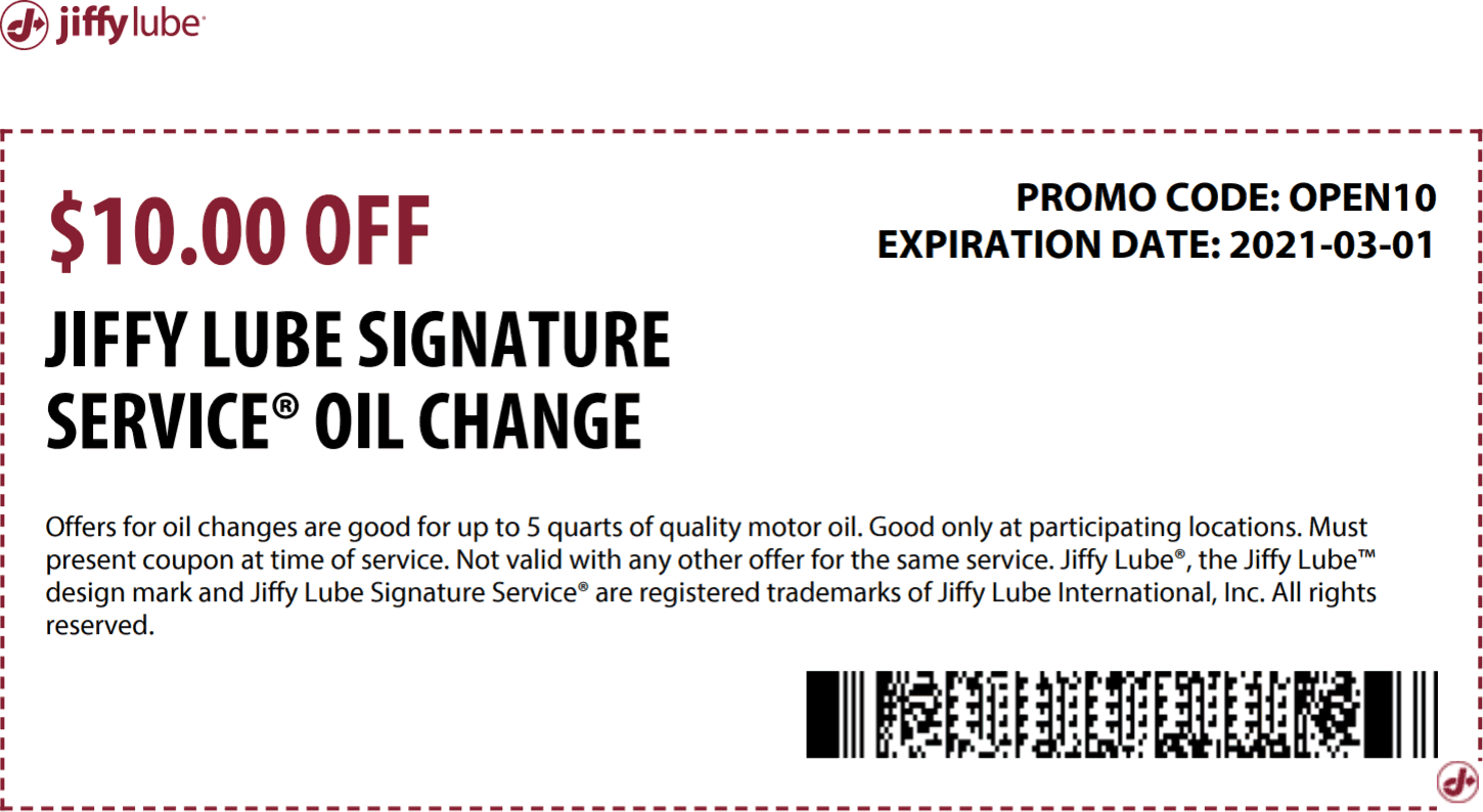 Jiffy Lube stores Coupon  $10 off signature oil change at Jiffy Lube via promo code OPEN10 #jiffylube 