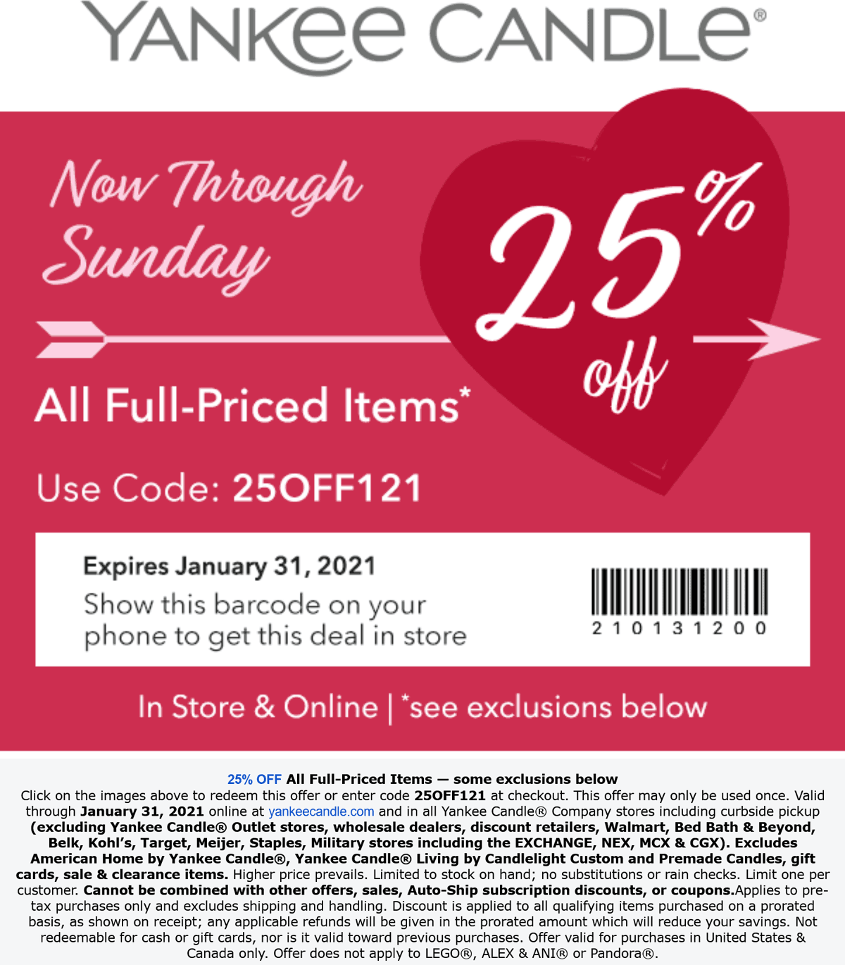 Yankee Candle stores Coupon  25% off at Yankee Candle, or online via promo code 25OFF121 #yankeecandle 