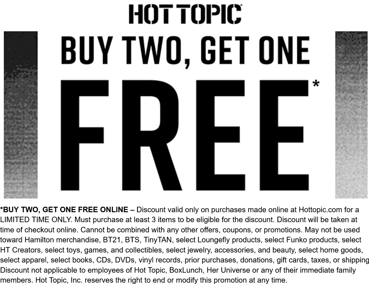 Hot Topic stores Coupon  3rd item free online today at Hot Topic #hottopic 