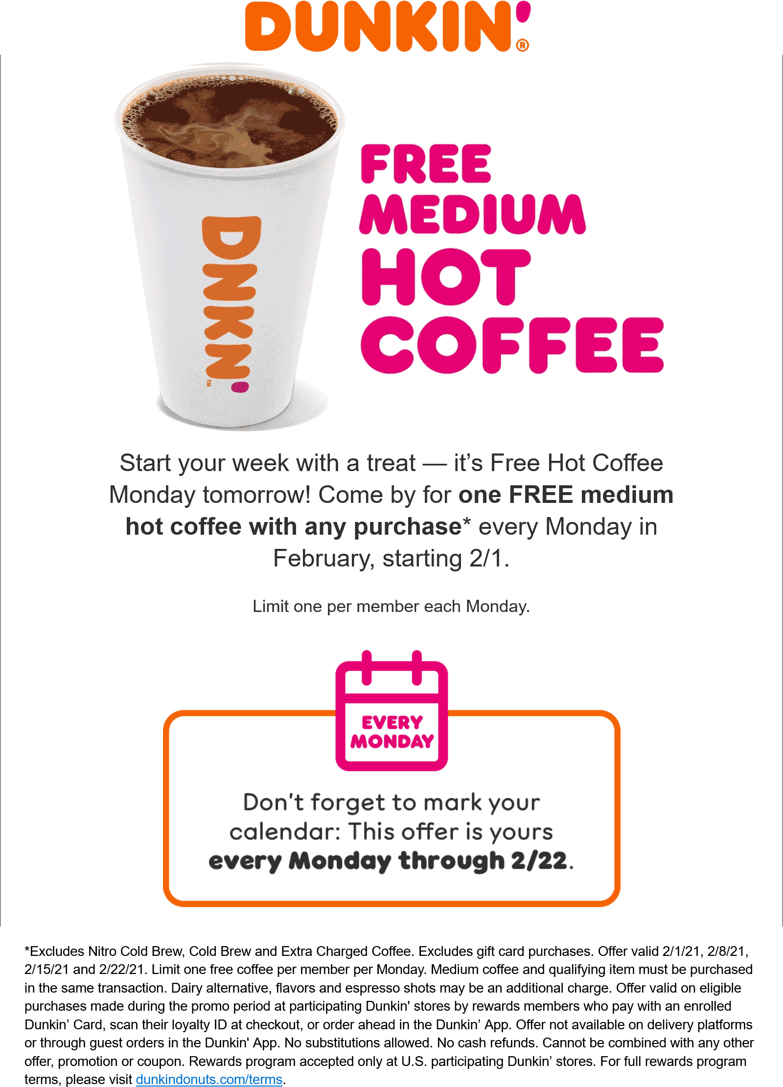 Dunkin Donuts restaurants Coupon  Free medium coffee Mondays for loyalty members at Dunkin Donuts #dunkindonuts 