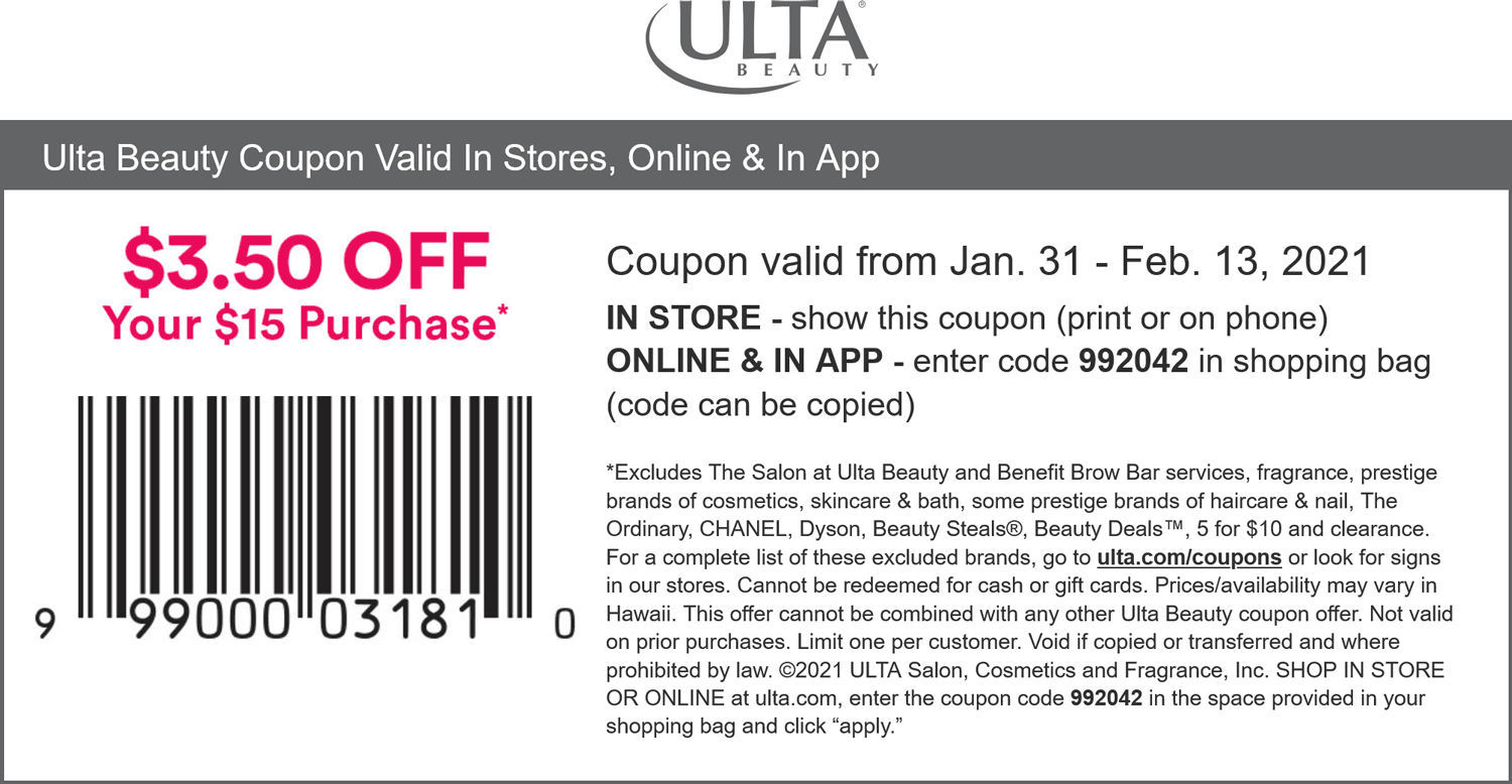 Ulta Beauty stores Coupon  $3.50 off $15 at Ulta Beauty, or online via promo code 992042 #ultabeauty 
