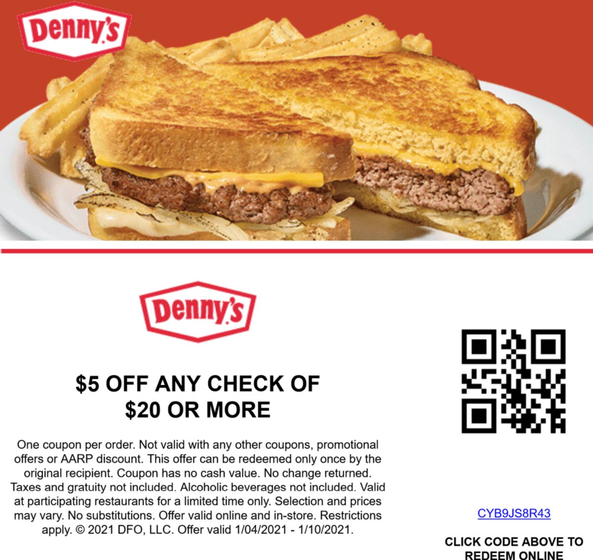 Dennys restaurants Coupon  $5 off $20 at Dennys restaurants, or online via promo code CYB9JS8R43 #dennys 