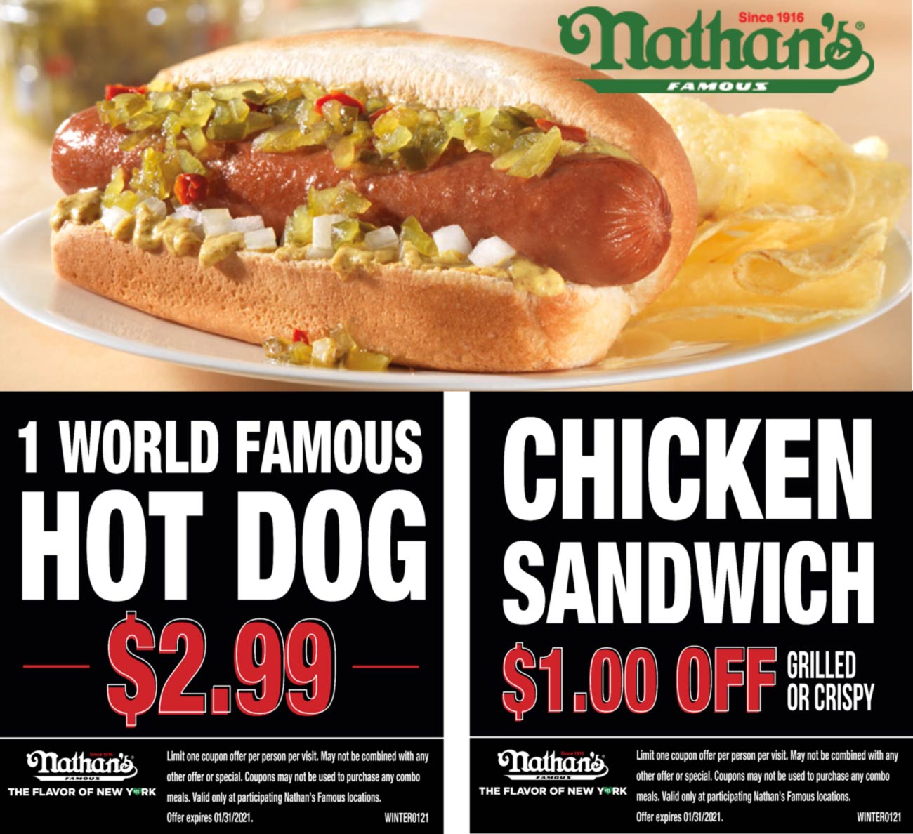 Nathans Famous restaurants Coupon  $3 hot dog & more at Nathans Famous restaurants #nathansfamous 