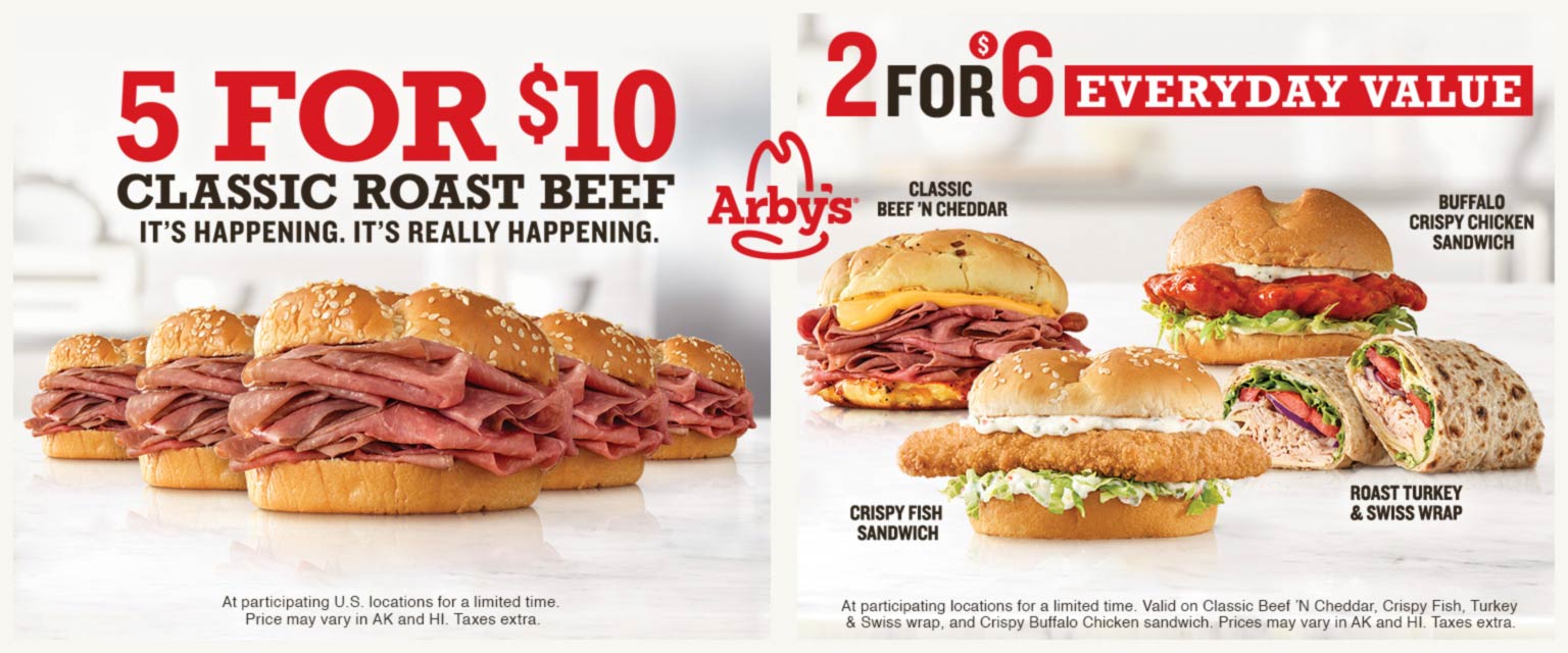 [August, 2022] 5 roast beef sandwiches for $10 & more at Arbys