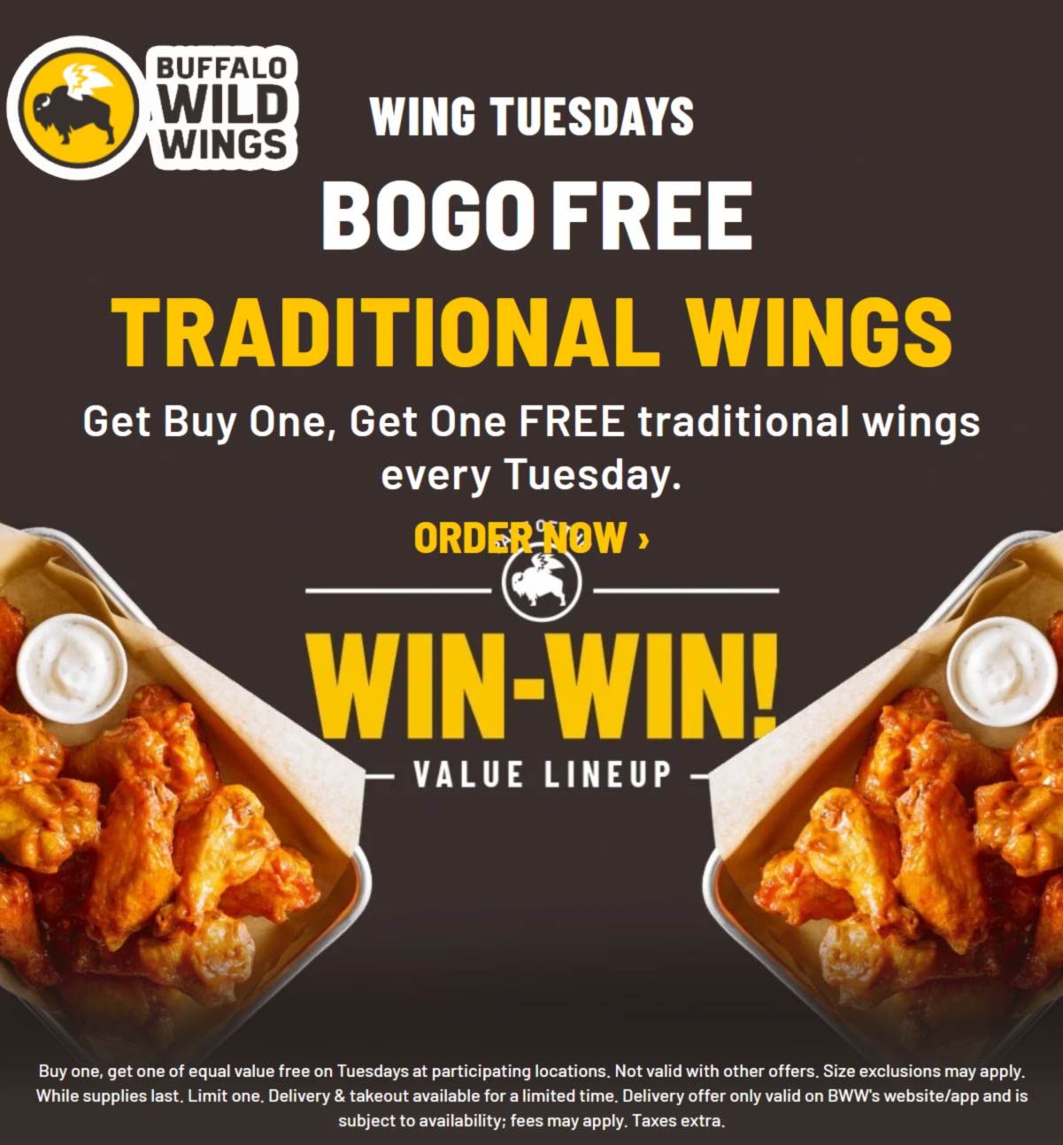 Buffalo Wild Wings restaurants Coupon  Second traditional chicken wings free today at Buffalo Wild Wings #buffalowildwings 