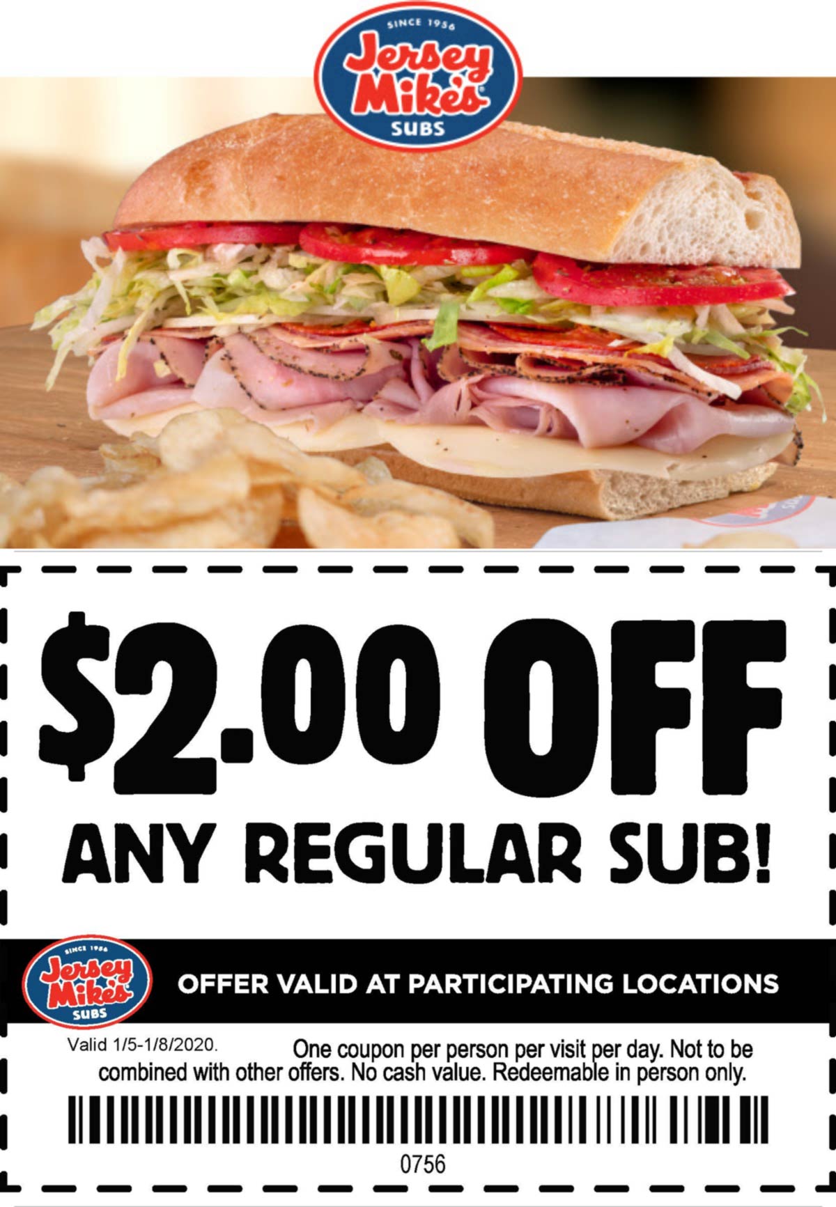 2 off a sub sandwich at Jersey Mikes jerseymikes The Coupons App®