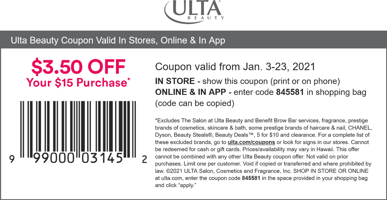 Ulta Beauty stores Coupon  $3.50 off $15 at Ulta Beauty, or online via promo code 845581 #ultabeauty 