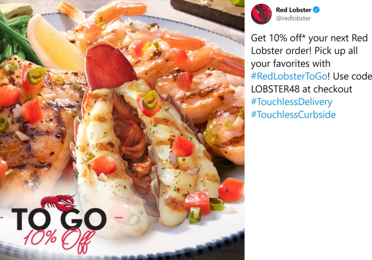 10 off takeout at Red Lobster restaurants via promo code LOBSTER48 