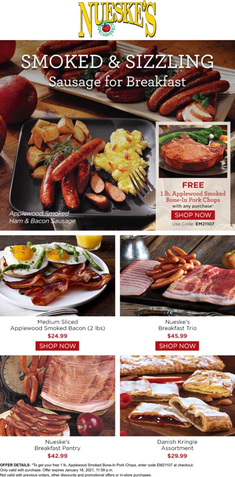 Nueskes restaurants Coupon  Free 1lb of smoked pork chops with any order at Nueskes via promo code EM21107 #nueskes 