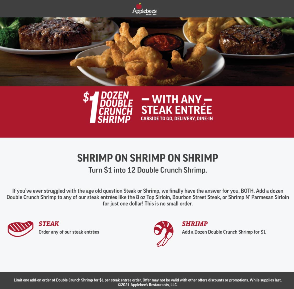 Applebees restaurants Coupon  $1 dozen shrimp with your steak at Applebees restaurants #applebees 