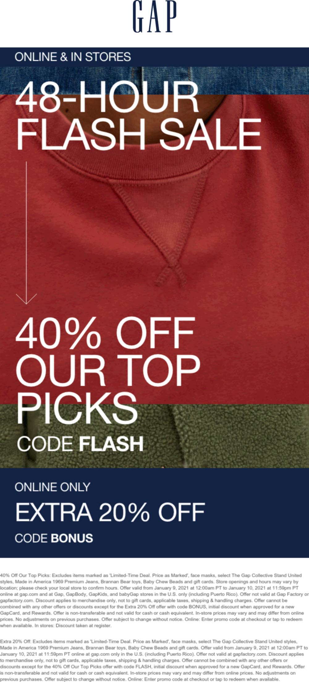 Gap stores Coupon  40% off at Gap, or 60% online via promo code BONUS #gap 