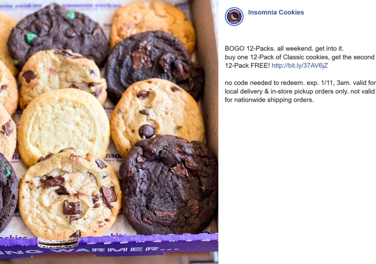 Insomnia Cookies stores Coupon  Second 12pk free at Insomnia Cookies #insomniacookies 