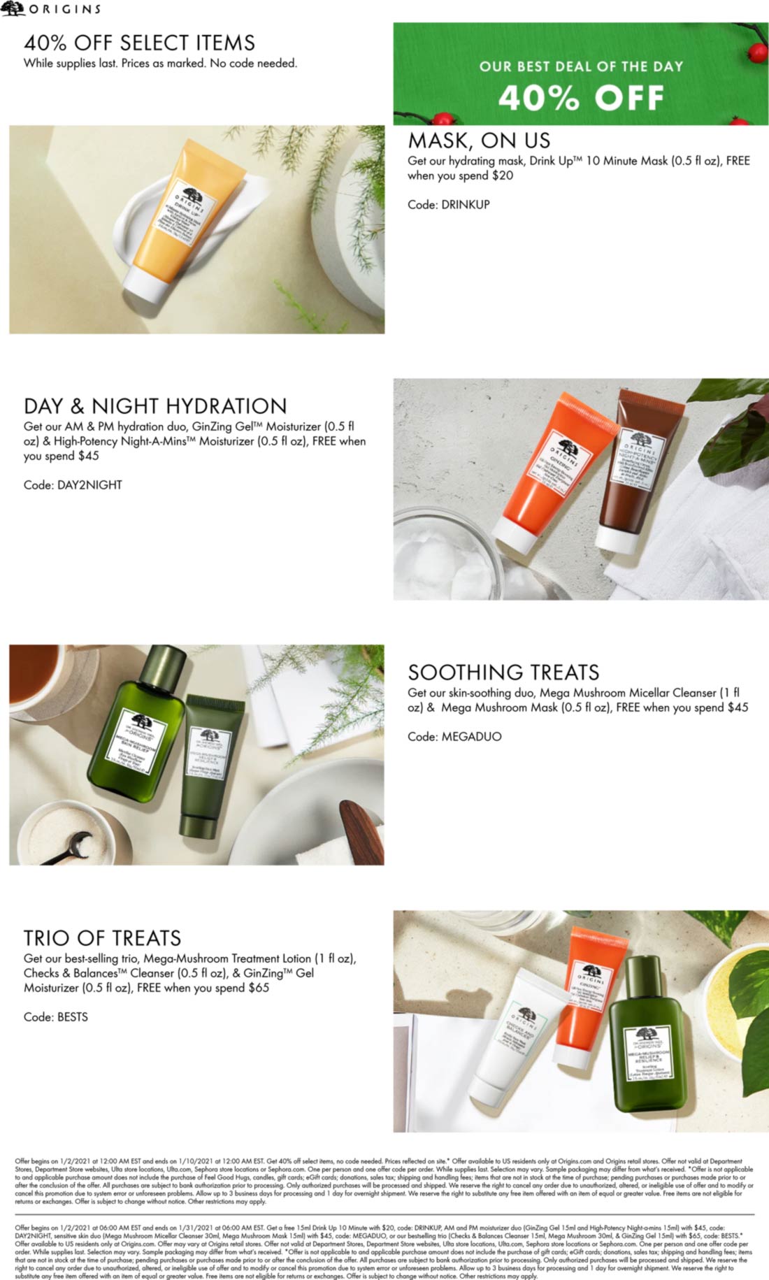 Origins stores Coupon  Free mask, duo or 3pc trio on $20+ spent at Origins via promo codes DAY2NIGHT MEGADUO and BESTS #origins 