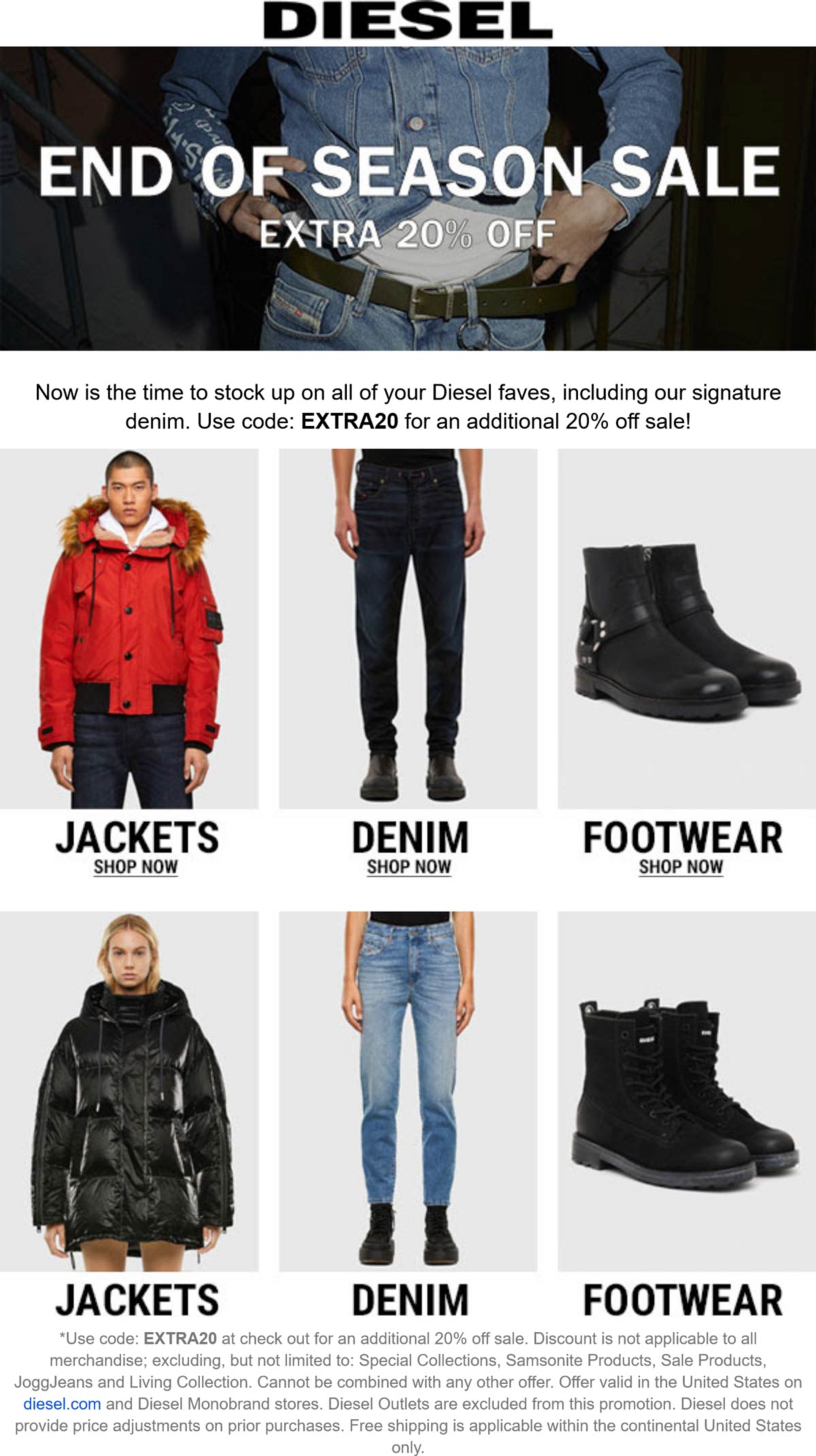 Diesel stores Coupon  Extra 20% off sale items at Diesel, or online via promo code EXTRA20 #diesel 