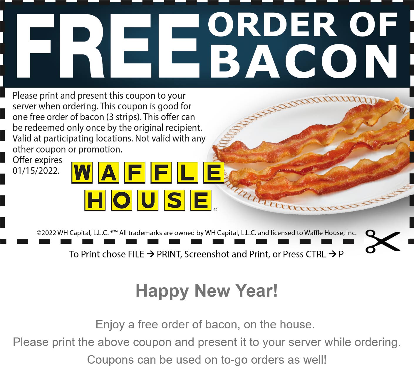 [April, 2022] Free bacon at Waffle House wafflehouse coupon & promo
